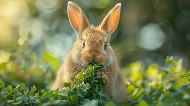 Close-up of a contented bunny munching on fresh greens, depicting the peacefulness of farm life for rabbits.