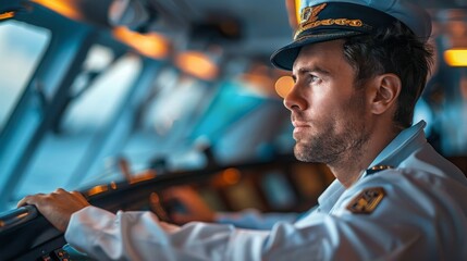 Obraz premium Detailed close-up of a cruise ship captain at the helm, showcasing skill and precision in the maritime industry.