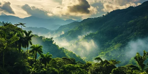 Poster Tropical green mountains with mist. Cloudy foggy sky backdrop. Generative AI © AngrySun