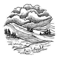 Landscape vector sketch. Hand drawn illustration with painted by black inks on isolated background. Engraving nature. Monochrome drawing forest, sky, mountains, hills in line art and doodle style