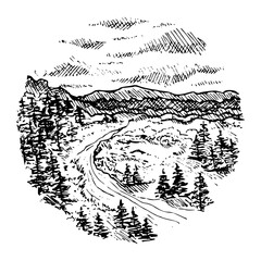 Landscape vector sketch. Hand drawn illustration with painted by black inks on isolated background. Engraving nature. Monochrome drawing forest, sky, mountains, river in line art and doodle style