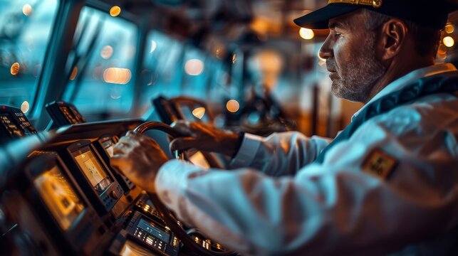 A zoomed-in view captures the poised demeanor of a cruise ship captain, highlighting adeptness and meticulousness in navigating the seas.