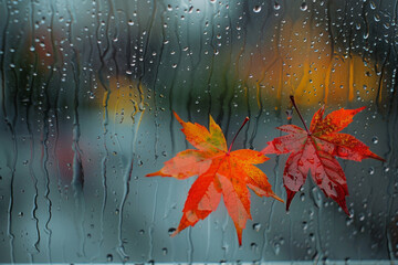 autumn weather/ two maple leaves glued to the window on the reverse side during the rain - obrazy, fototapety, plakaty