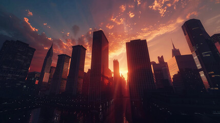 Majestic Urban Silhouette: City Skyline Glimmering in Sunset Glow