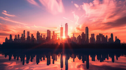 Majestic Urban Silhouette: City Skyline Glimmering in Sunset Glow