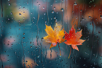 autumn weather/ two maple leaves glued to the window on the reverse side during the rain