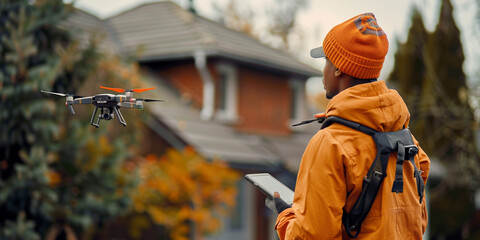 A young man operating flying drone, a male operator worker flying a drone over the houses