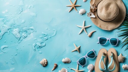Top view flat lay bikini and beach accessories on blue background. AI generated image - obrazy, fototapety, plakaty