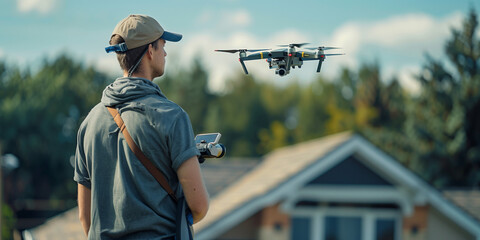 A young man operating flying drone, a male operator worker flying a drone over the houses - obrazy, fototapety, plakaty