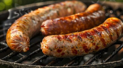 Two delicious sausages are being grilled on a homemade grill.