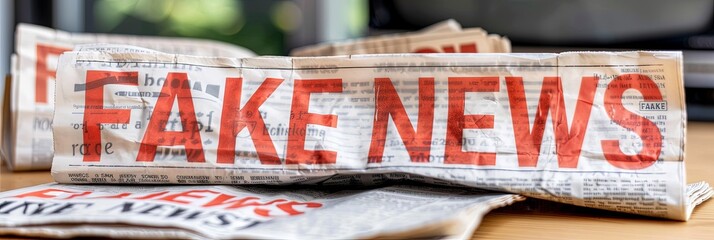 A fabricated newspaper filled with misinformation rests on a rustic wooden table, spreading falsehoods and fake news - obrazy, fototapety, plakaty