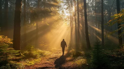 Rucksack Walking in nature surrounded by tree with sunlight © thesweetsheep
