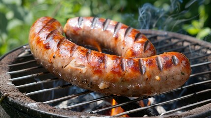 Two delicious sausages are being grilled on a homemade grill.