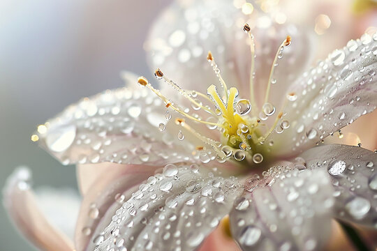 Diamond-studded dewdrops clinging to delicate morning petals.