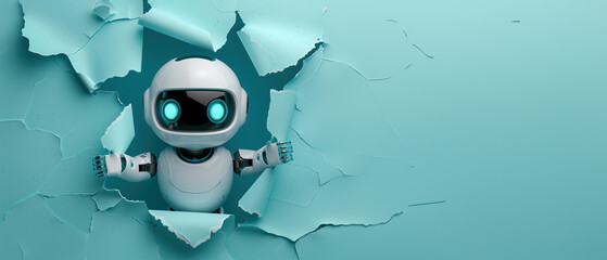 A white robot creates a heart sign with its hands while peeking through a teal wall, suggesting love and affinity with tech