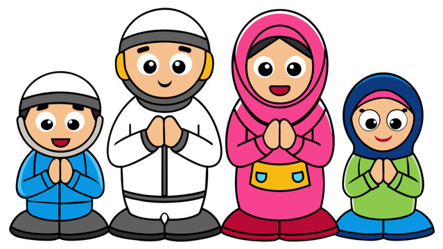 Prayer Time Muslim Family Flat Vector Icon - Enhance Your Website with Spiritual Imagery