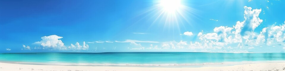 panoramic view beautiful beach with white sand turquoise ocean water and blue sky with clouds in...