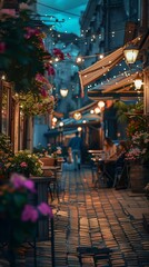 Street veranda of a cafe decorated with flowers on a city street, evening time, lights are on and people are sitting at tables. City life. Generated ai