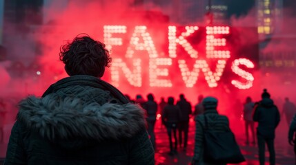 A man stands defiantly in front of a brightly lit sign reading fake news, symbolizing the spread of misinformation and deception