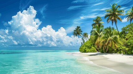 perfect landscape background for relaxing vacation beautiful tropical beach with white sand palm trees turquoise ocean against blue sky with clouds on sunny summer day island of Maldives