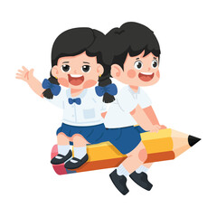cute kids student flying on Pencil Flat