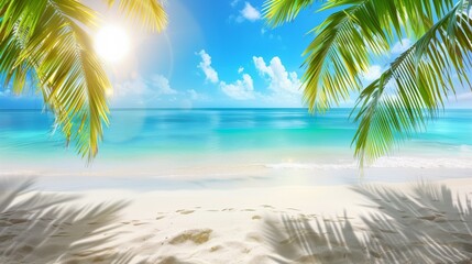 Fototapeta na wymiar dazzlingly bright sun horizon is softly blurred transition of sandy beach to turquoise water summer landscape of tropical island branches of palm trees create shade in sand
