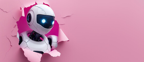 A sleek white robot emerging from a pastel pink surface, depicting curiosity and exploration