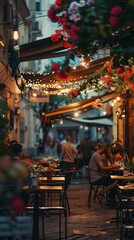 Fototapeta na wymiar Street veranda of a cafe decorated with flowers on a city street, evening time, lights are on and people are sitting at tables. City life. Generated ai