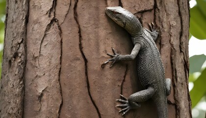 Naklejka na ściany i meble A Monitor Lizard With Its Claws Dug Into The Bark
