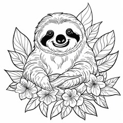 Fototapeta premium A sloth in flowers, a portrait of a cute animal. A black and white drawing for a children's coloring book.
