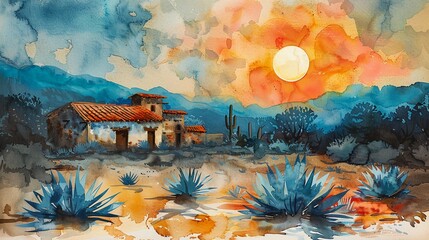 Traditional Mexican Hacienda At Sunset, Watercolor Painting With Agave Plants. Mexican Countryside, Culture, And Travel. AI Generated - obrazy, fototapety, plakaty