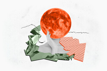 Creative photo image young headless girl sleeplessness problem insomnia moon instead face nightmare...