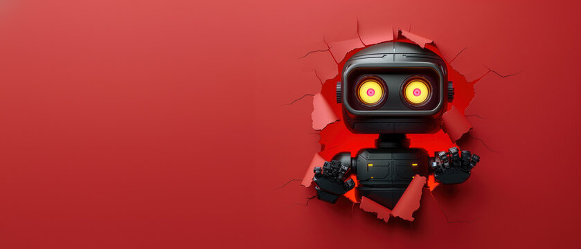 A menacing black robot with glowing red eyes breaks through a red paper wall, evoking a sense of power and defiance