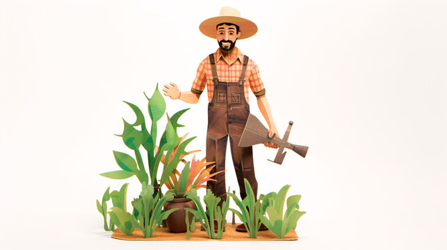 farmer with a shovel and a flower pot on a white background