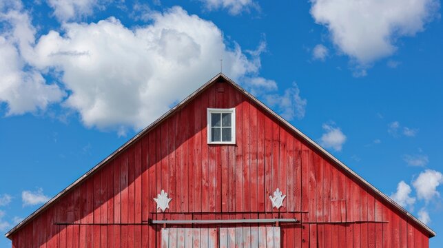 Retro red barn wooden board with white decorative door for farming storage. AI generated image