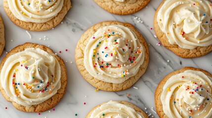 Vibrant professional food photography of frosted sugar cookies adorned with colorful sprinkles