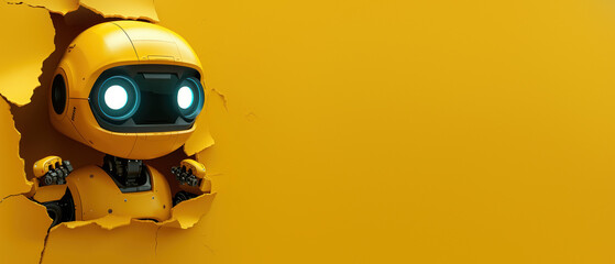 Enthusiastic yellow robot with glowing blue eyes emerges from wall breakage, showing excitement