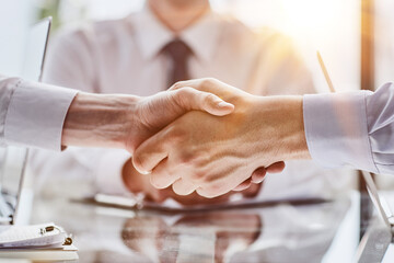 Business partnership meeting concept. Image businessmans handshake. Successful businessmen handshaking after good deal. - obrazy, fototapety, plakaty