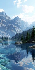 Fototapeta premium Lake in the mountains, nature, tourism, 3d, background image for mobile phone, ios, Android, banner for instagram stories, vertical wallpaper