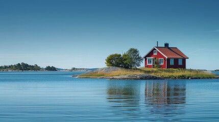 Red house on the island, river, forest, nature, background image, banner.