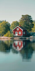 Fototapeta na wymiar Red house on the riverbank, in the forest, nature, tourism, 3d, background image for mobile phone, ios, Android, banner for instagram stories, vertical wallpaper
