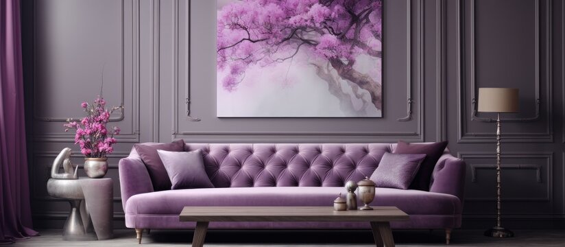 A buildings living room featuring a violet rectangle painting on the grey wall, complementing the purple couch in the modern interior design