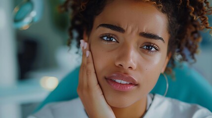 Black Feale Patient With Toothache At Dental Clinic Waiting for Tooth Treatment, Close-Up, Dental Care, Oral Pain. AI Generated
