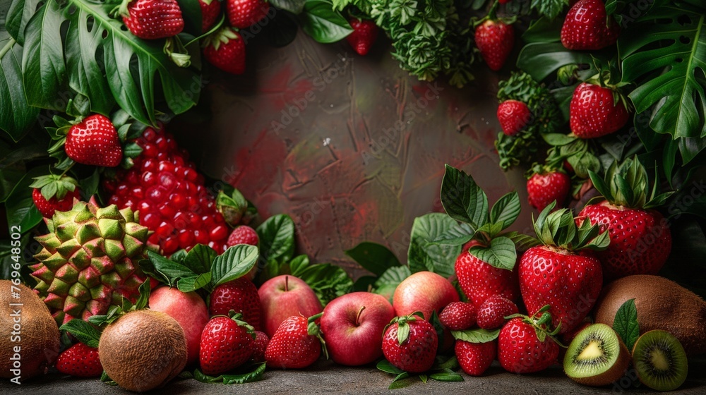 Poster A vibrant array of fresh fruit is displayed on a rustic wooden table, creating a colorful and tempting scene