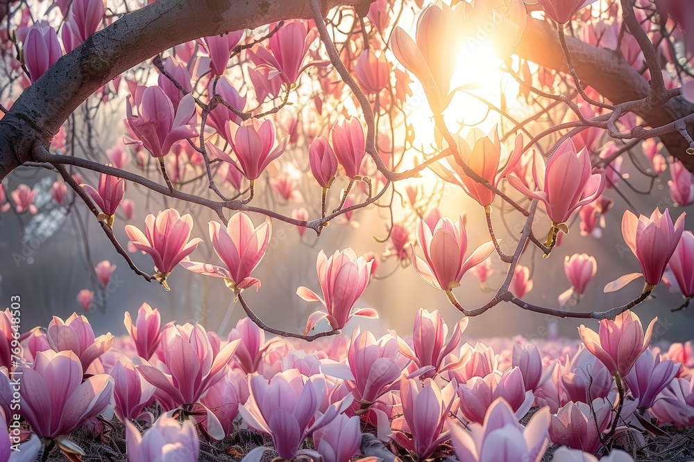 Poster The sun shines through the branches of a tree with delicate pink flowers, creating a magical display of light and shadow