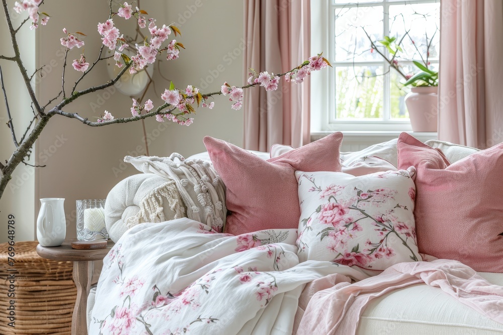 Sticker A cozy bed draped in a soft pink comforter and adorned with matching pillows, creating a serene and inviting atmosphere