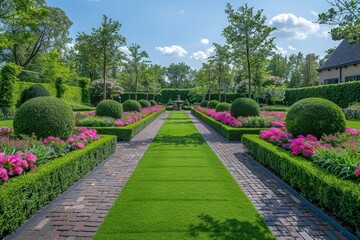 A vibrant garden filled with lush greenery and an abundance of pink and purple flowers in full bloom, creating a picturesque and fantastical scene