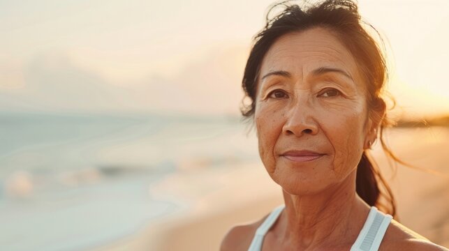 An elderly woman with a serene expression standing on a beach at sunset with her hair pulled back and wearing a white tank top.