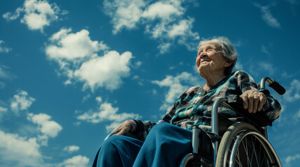 Elderly Woman Smiling in a Wheelchair under a Happy Sky. Generative AI.