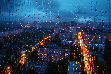 Beautiful night city view from cozy panoramic window with rain drops on it.